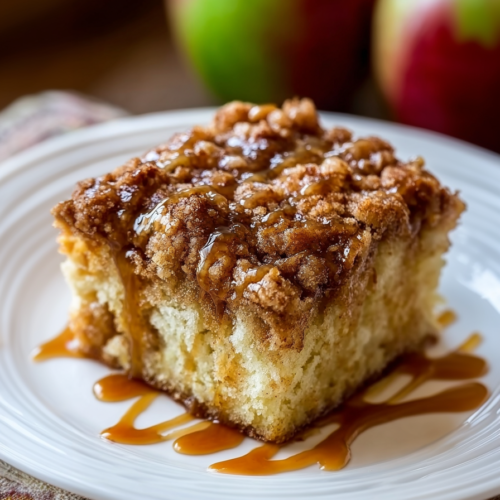 A fluffy cake slice with visible apple chunks and a thick layer of spiced crumble, plated simply.