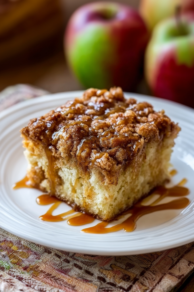 A fluffy cake slice with visible apple chunks and a thick layer of spiced crumble, plated simply.