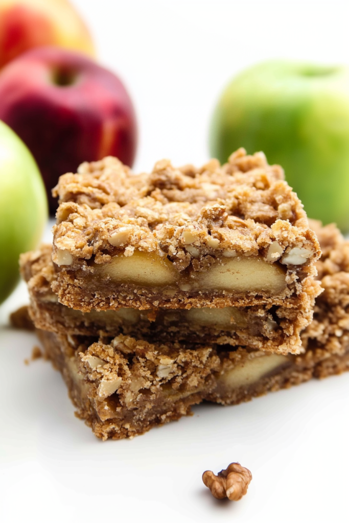 Thick slice of apple streusel bars showing layers of fruit filling and crunchy topping.