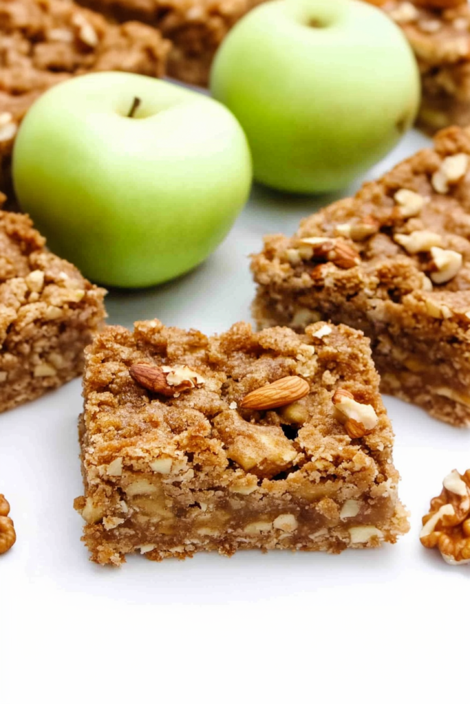 Freshly baked apple dessert bars with nutty streusel topping and soft cinnamon filling.