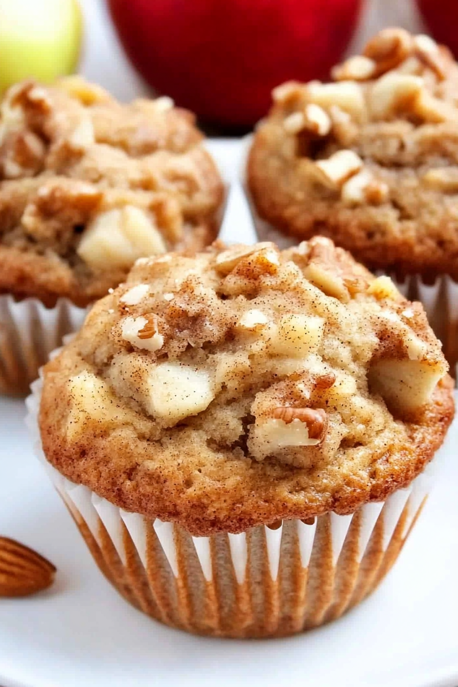 Close-up of moist spiced muffins with a nutty topping, fresh apples in the background.