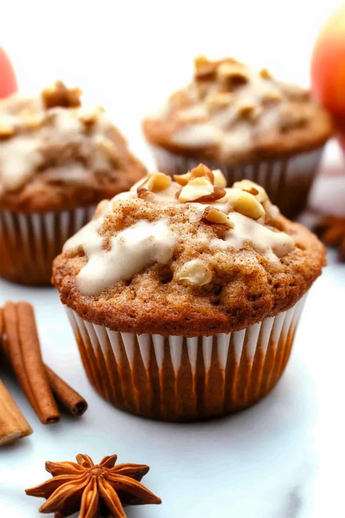 Warm, fluffy muffins with visible cinnamon specks and crunchy walnut topping.