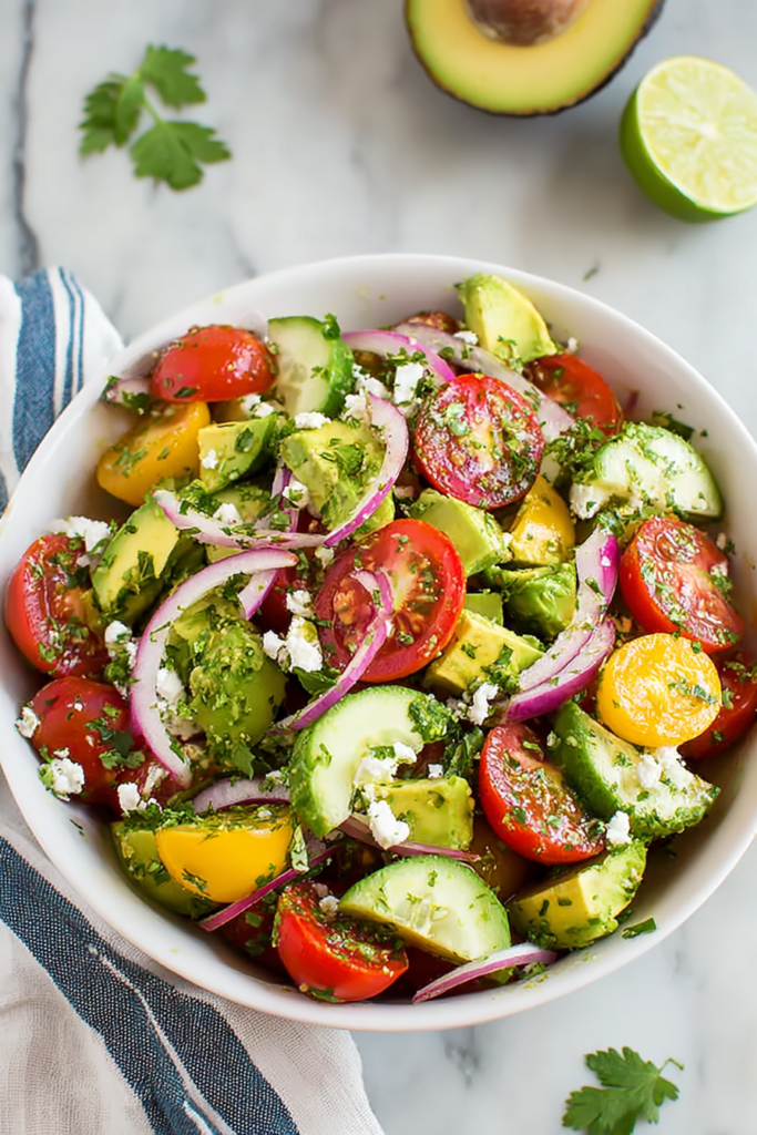 Healthy chopped vegetable salad with feta crumbles and fresh parsley