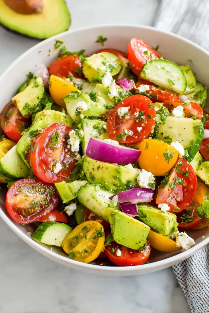 Fresh avocado, tomato and cucumber salad tossed with herbs and light dressing