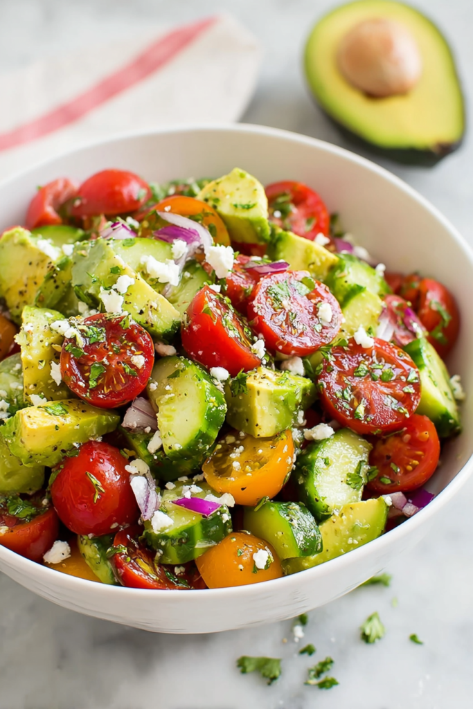 Colorful bowl of diced avocado, cherry tomatoes, cucumber slices, and red onion
