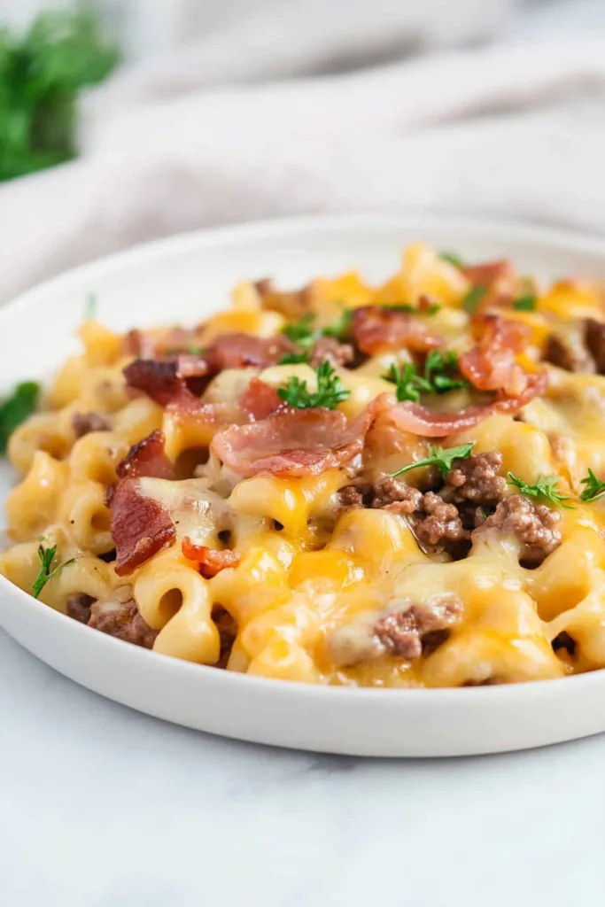 Cheesy ground beef and pasta topped with crispy bacon in a white skillet bowl.