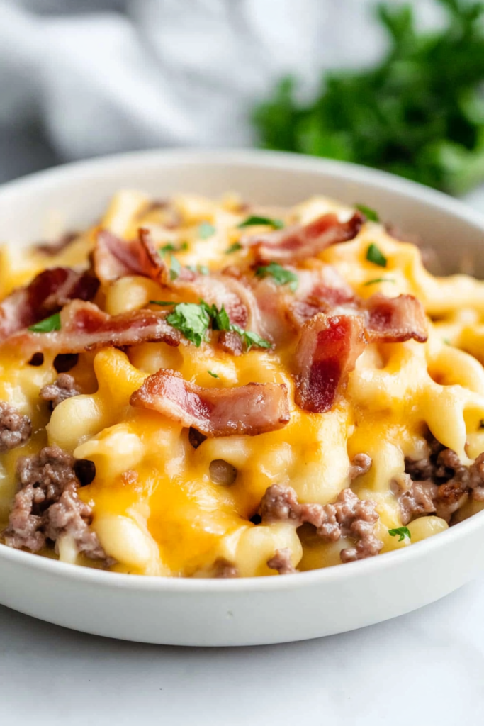 Creamy cheeseburger-style pasta loaded with melted cheddar and bacon pieces.