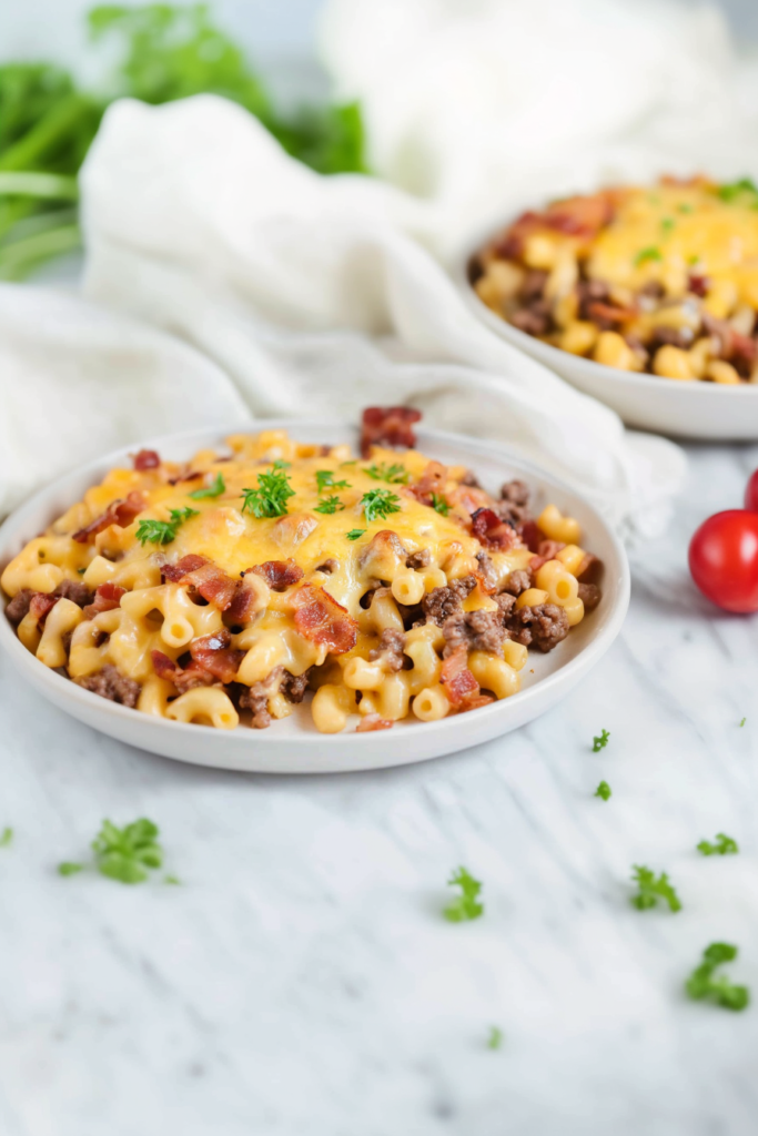 Hearty bacon cheeseburger skillet with tender pasta and browned ground beef.