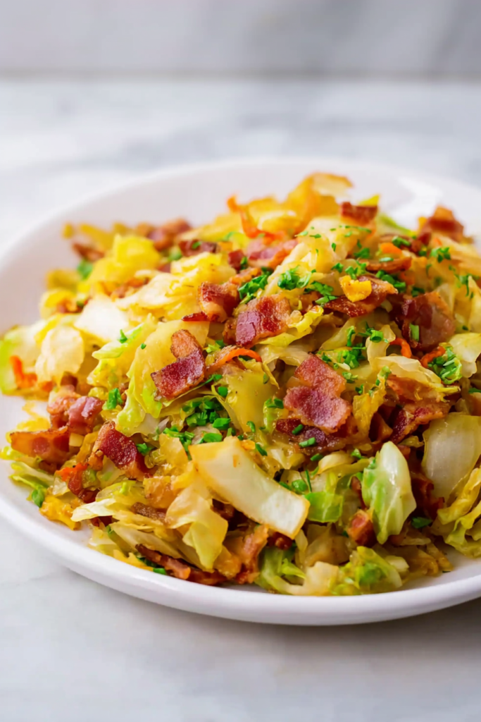 Warm Southern-style cabbage stir-fry with bacon served fresh and golden