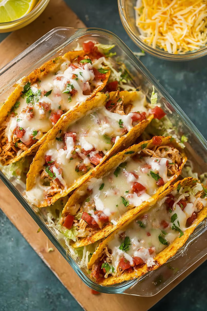 Golden tacos lined up in a baking dish, filled with shredded chicken, melted cheese, and fresh toppings.