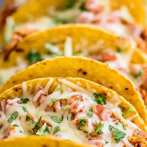 Close-up of crispy taco shells packed with juicy chicken, diced tomatoes, and cilantro, ready to serve.