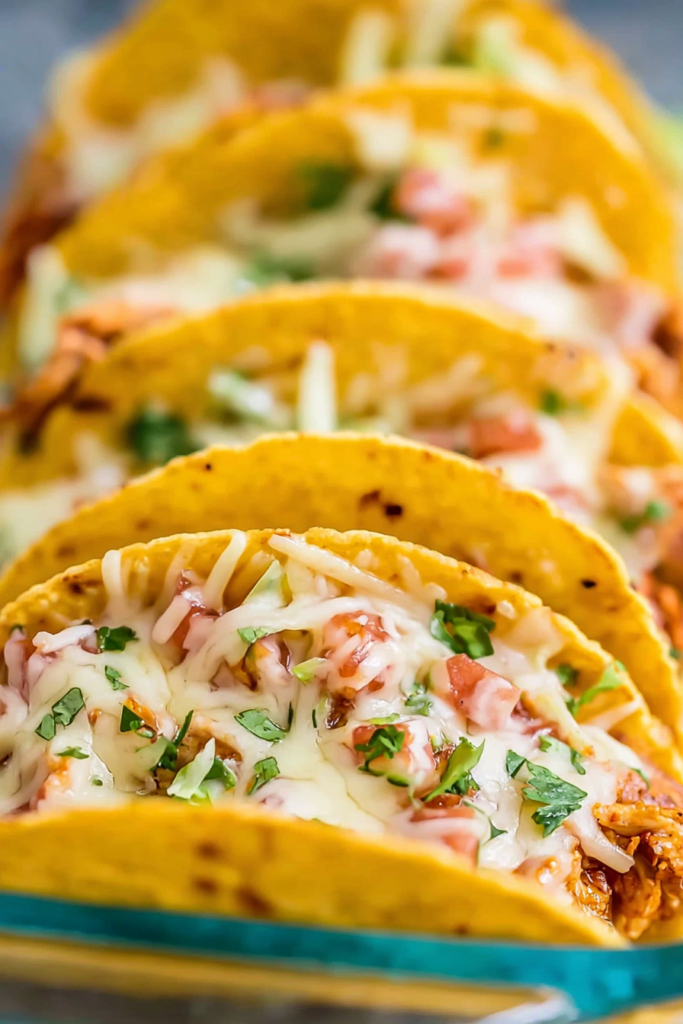 Close-up of crispy taco shells packed with juicy chicken, diced tomatoes, and cilantro, ready to serve.