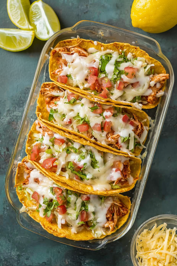 Final platter of tacos with vibrant toppings, highlighting the contrast of crunchy shells and tender filling.