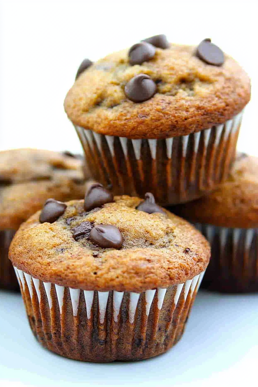 Close-up of moist banana muffins with espresso and chocolate chips in paper liners.