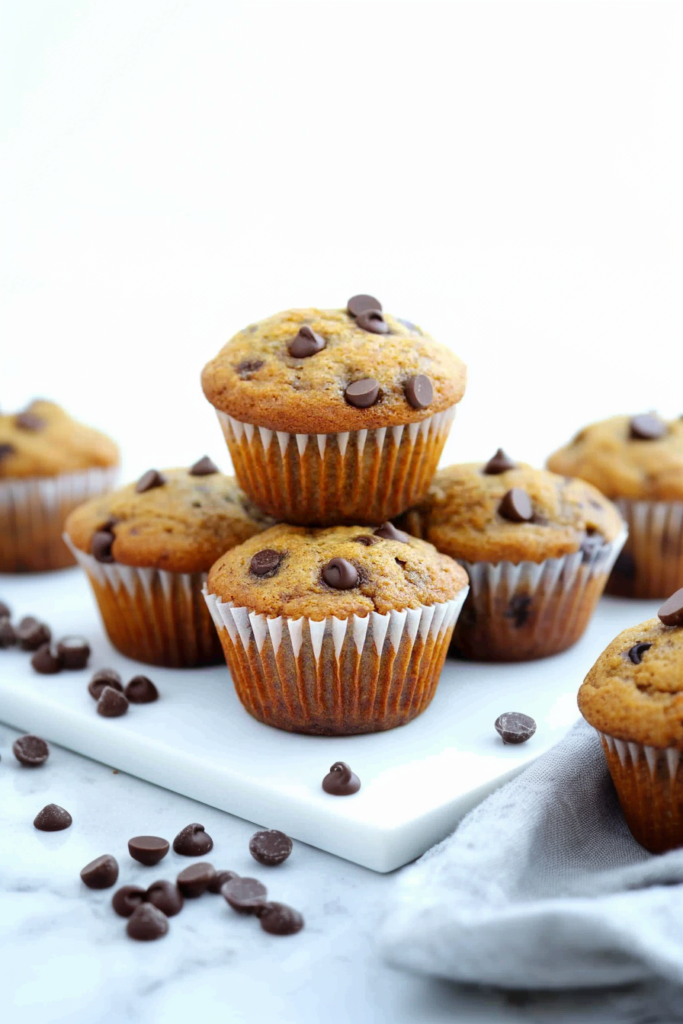 Soft banana espresso muffins studded with dark chocolate chips, just out of the oven.