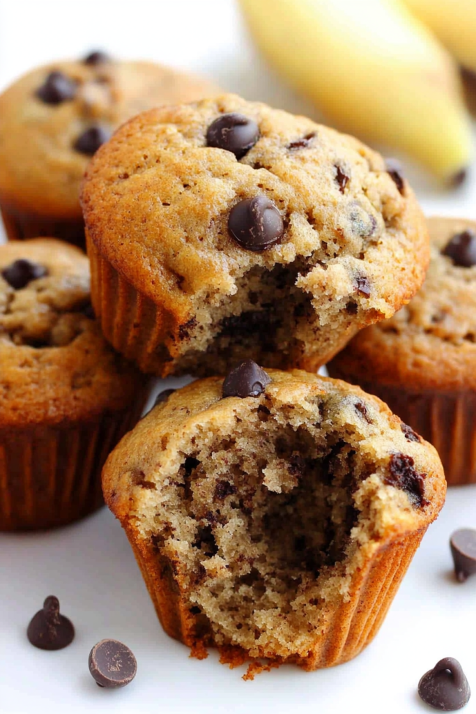 Freshly baked banana coffee muffins with melty chocolate chips on top.
