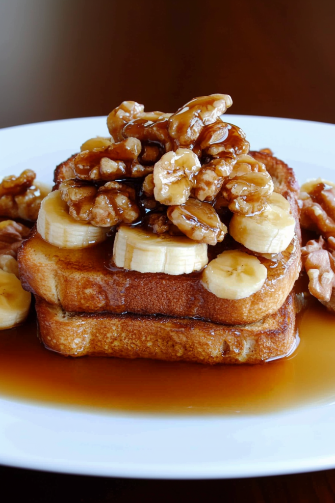 Breakfast dish featuring rustic toast with banana slices and syrup, presented in a warm, inviting style.