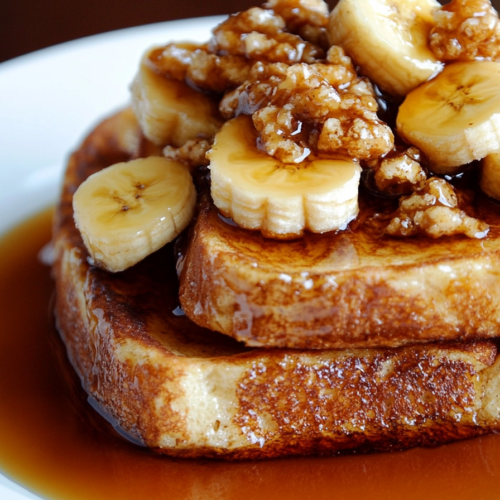 Thick slices of golden-brown French toast topped with fresh banana slices and glazed walnuts, drizzled with syrup.