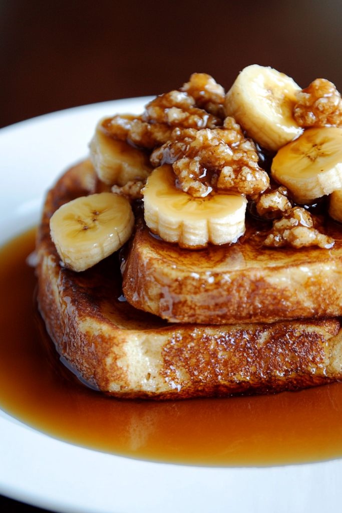Thick slices of golden-brown French toast topped with fresh banana slices and glazed walnuts, drizzled with syrup.