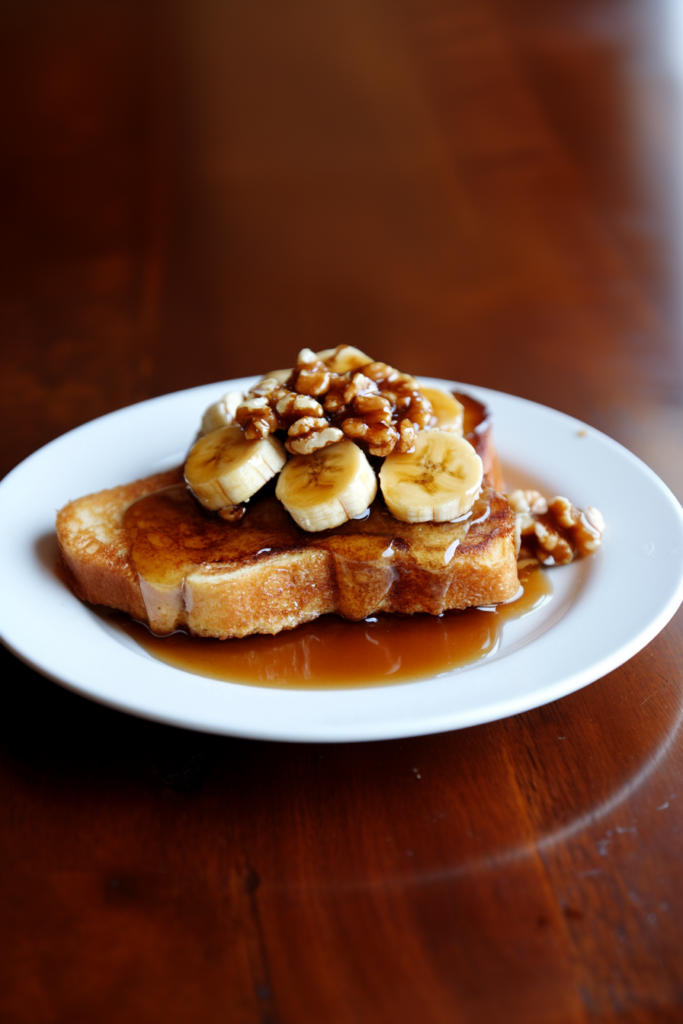 A plated serving of French toast layered with fruit and nuts, highlighting the glossy caramel glaze.