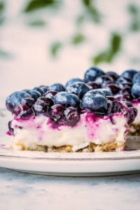 Elegant dessert presentation featuring a crumbly crust, smooth cream filling, and vibrant blueberries for garnish.