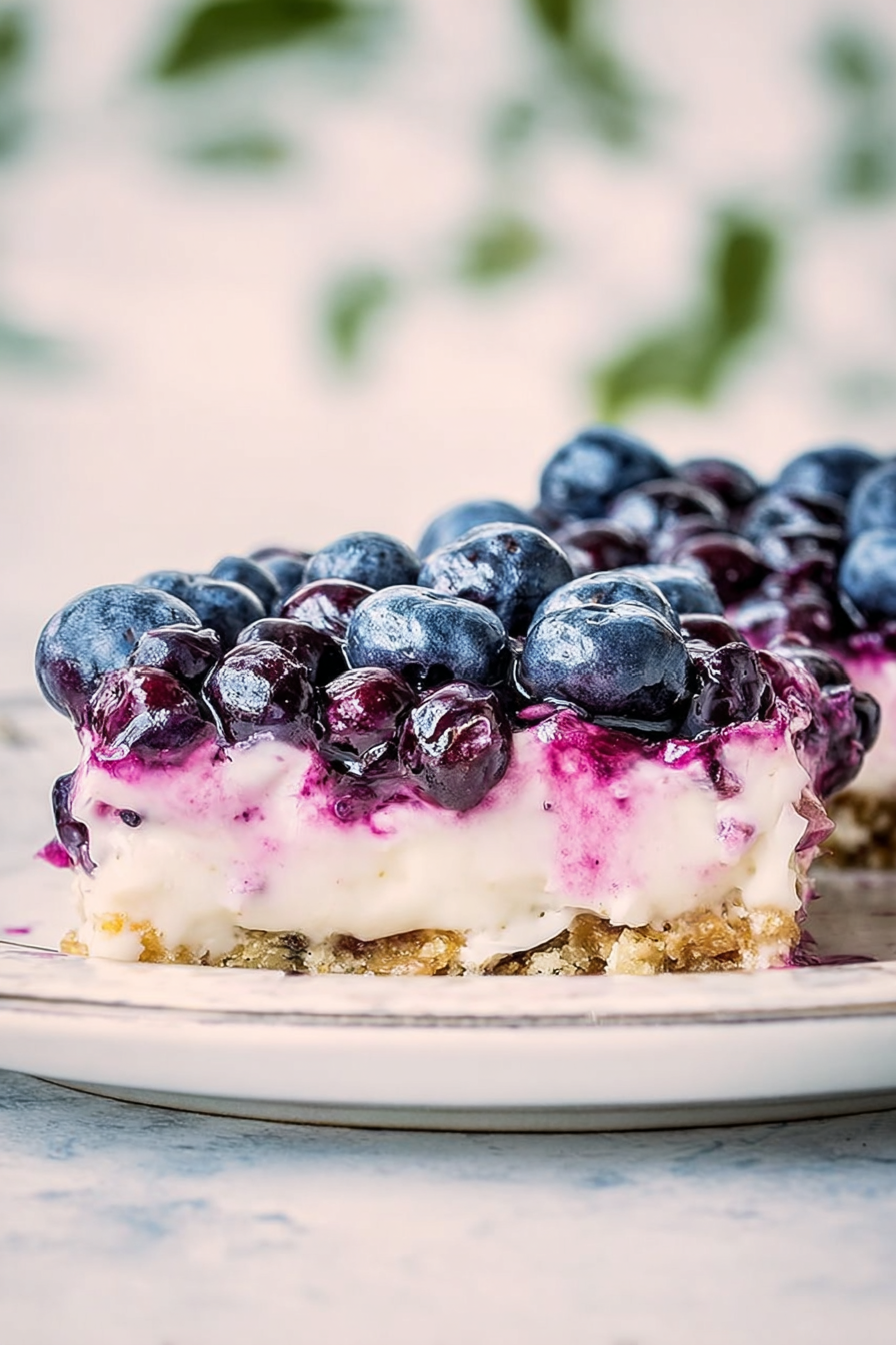 Elegant dessert presentation featuring a crumbly crust, smooth cream filling, and vibrant blueberries for garnish.