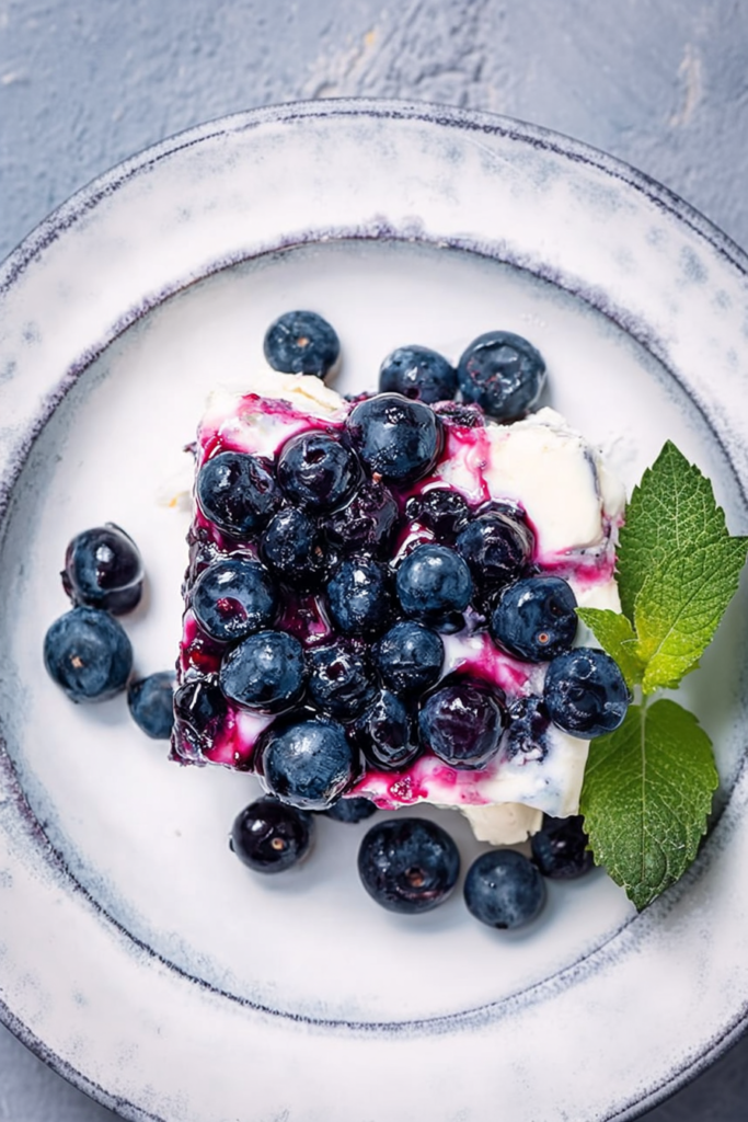 Rich, multi-layered treat with a blueberry compote finish, accented by fresh mint leaves and whole berries.