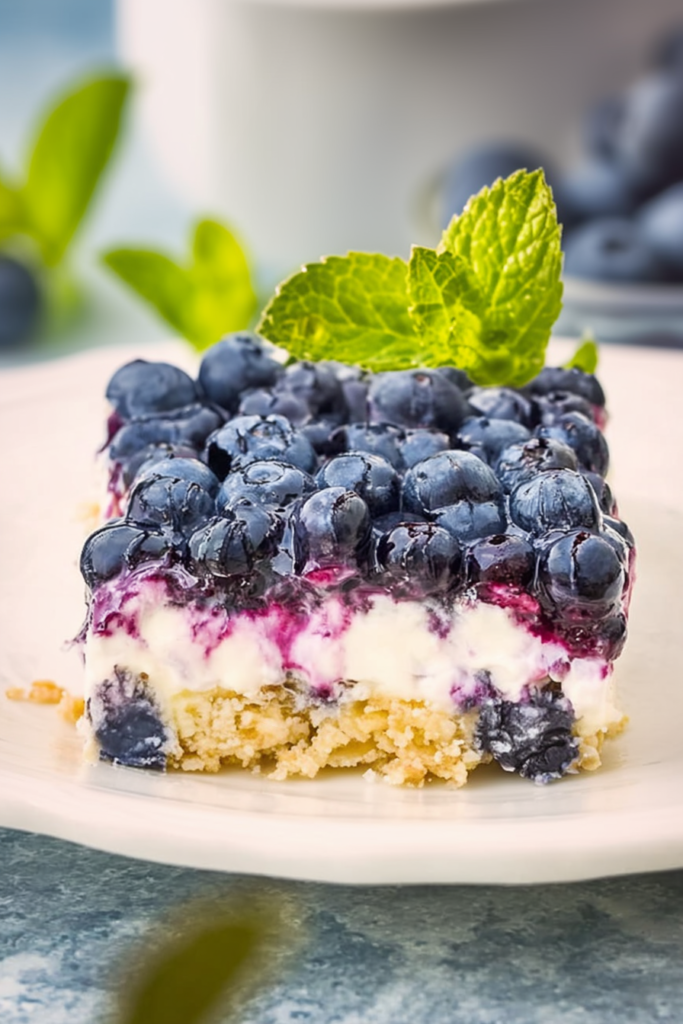 Final plated shot of a decadent berry dessert, highlighting the contrast of creamy white filling and deep purple topping.