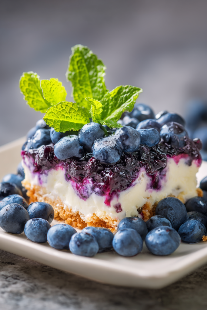 A slice of creamy layered dessert topped with fresh blueberries and a sprig of mint on a golden crust.