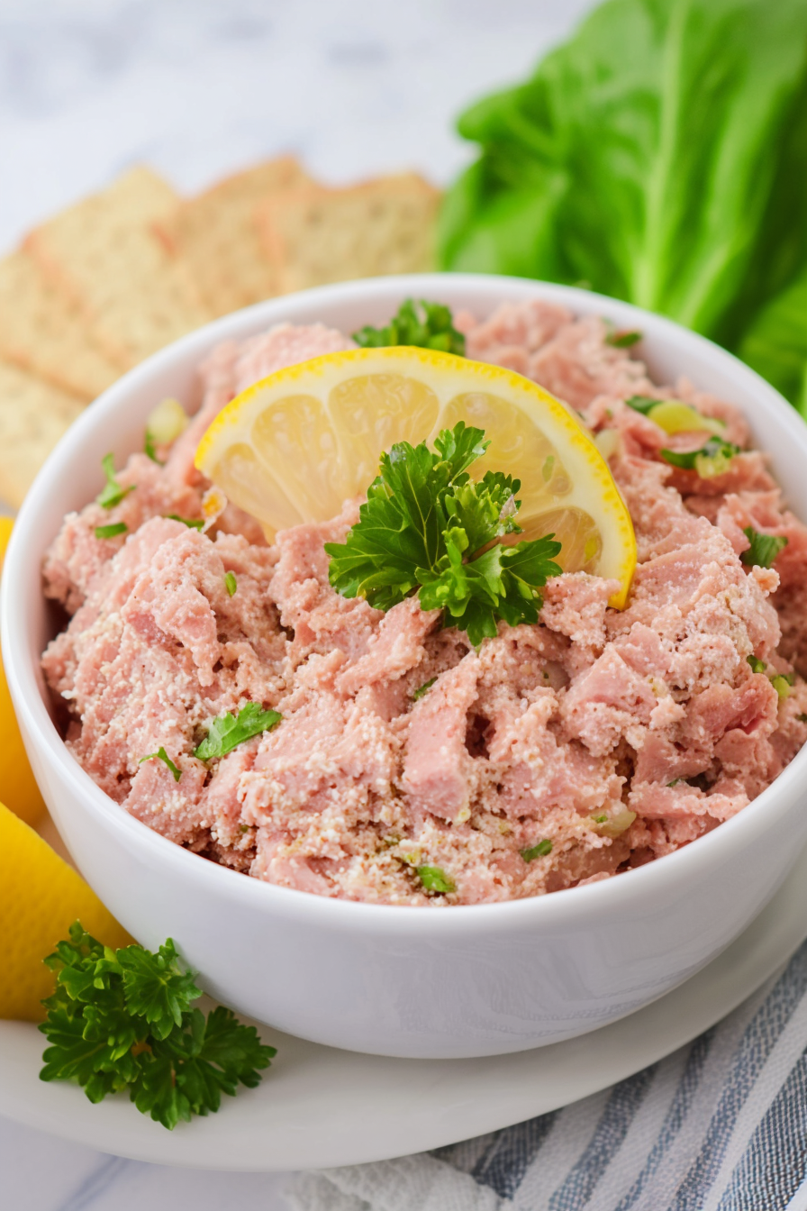 Rustic presentation of a savory spread in a white bowl, paired with lemon slice and herbs.