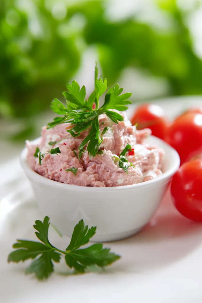 Close-up of a creamy meat salad served with crackers and leafy greens in the background.