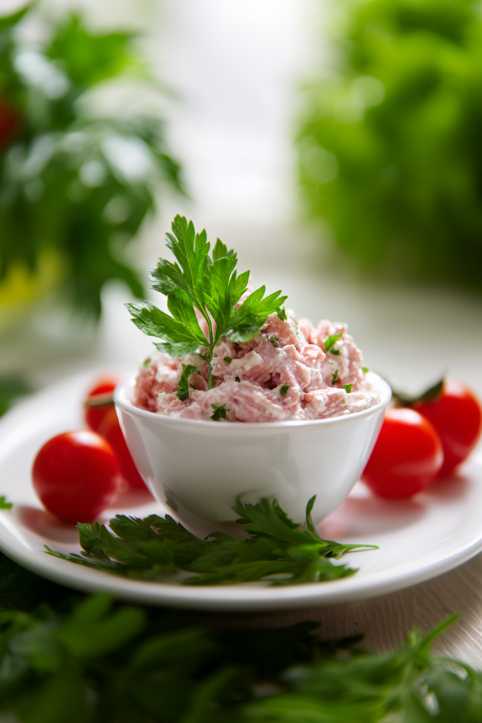 Final serving of creamy ham-based salad, styled with crackers and greens for a simple side option.
