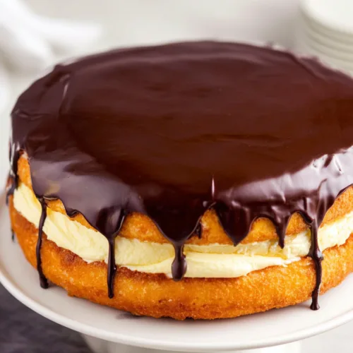 Close-up of a sponge cake layered with pastry cream and covered in rich chocolate topping.