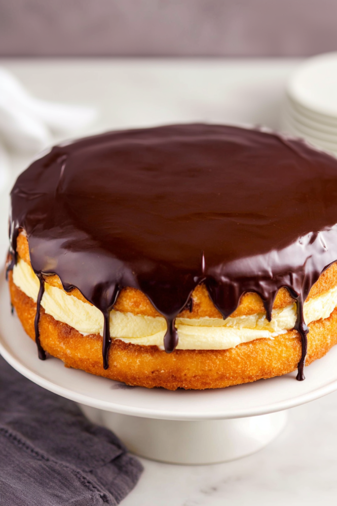 Close-up of a sponge cake layered with pastry cream and covered in rich chocolate topping.