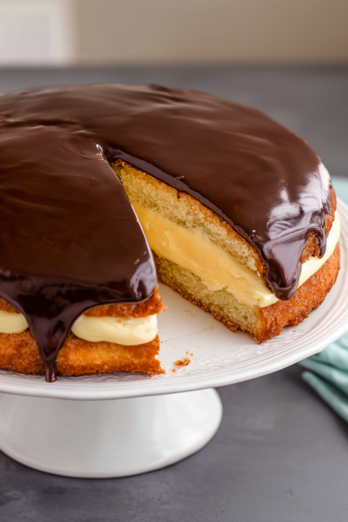 Layered vanilla cake filled with custard and topped with glossy chocolate ganache on a cake stand.