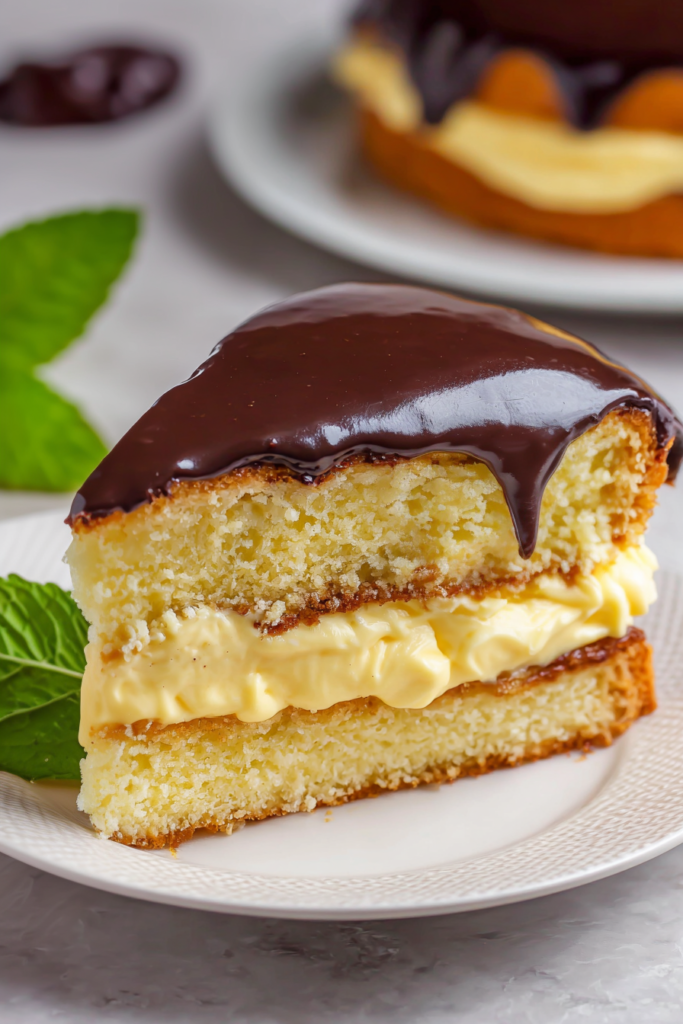 Homemade custard-filled cake with shiny chocolate icing on top.