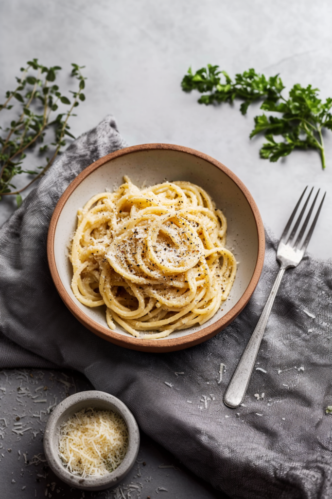 Bowl of freshly cooked pasta topped with grated cheese and a sprinkle of pepper