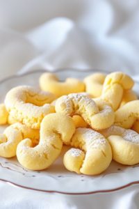 Traditional Burano butter cookies dusted with powdered sugar on a white plate.