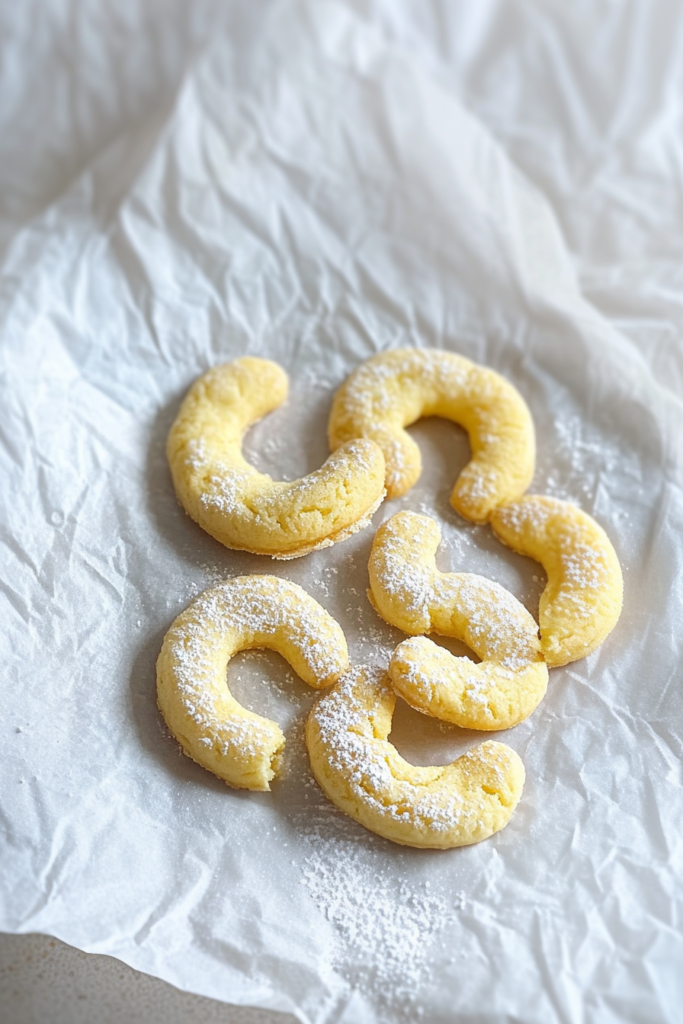 Freshly baked golden cookies arranged on parchment paper with a delicate powdered sugar finish.