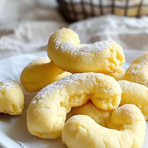 Close-up of buttery crescent cookies with a soft texture and lightly cracked surface.