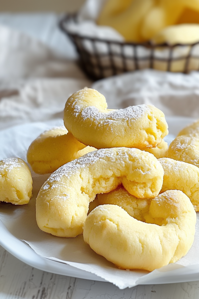 Close-up of buttery crescent cookies with a soft texture and lightly cracked surface.