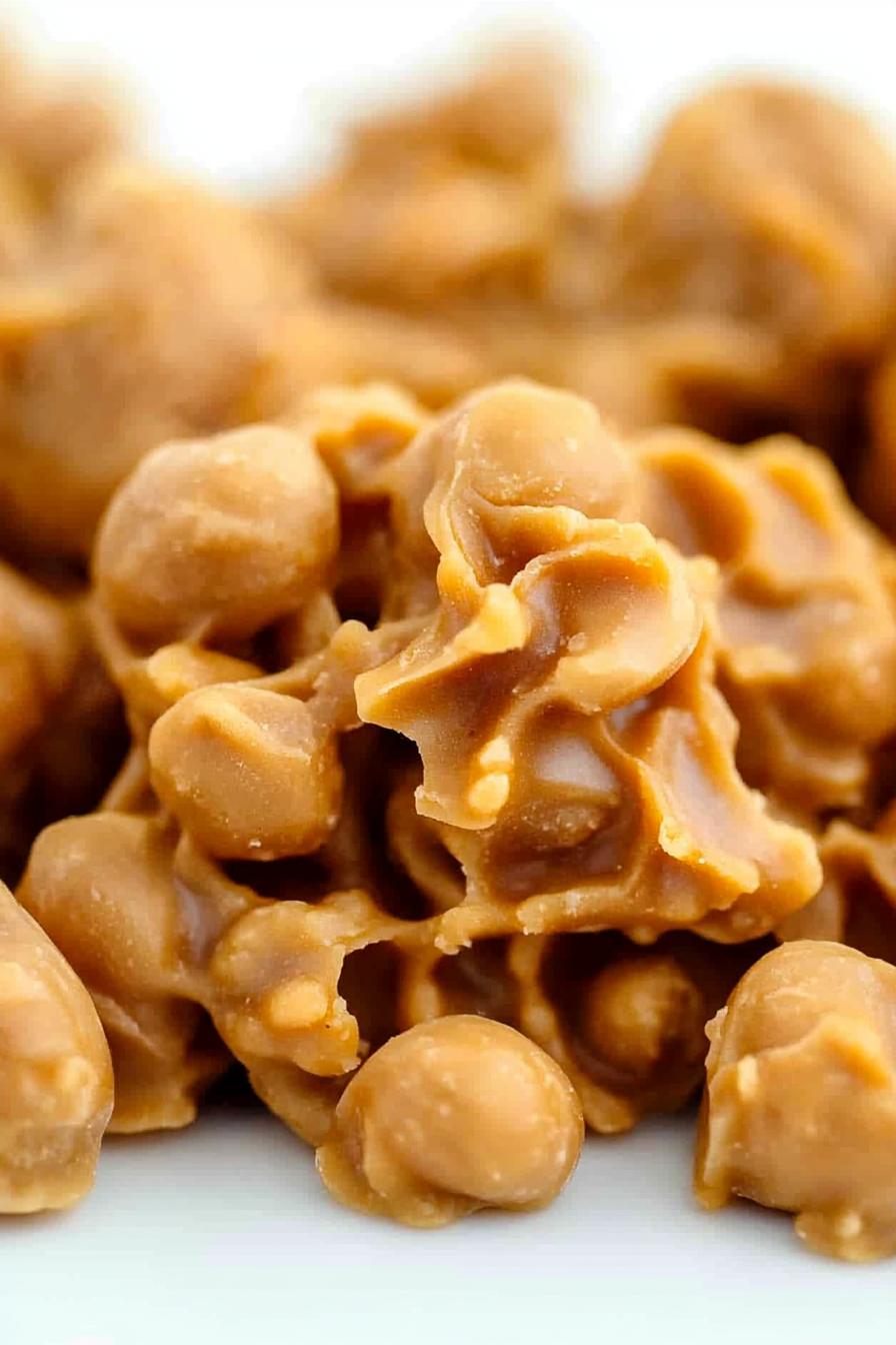Close-up of crunchy, textured drops made with peanut butter and butterscotch, highlighting their shiny coating.