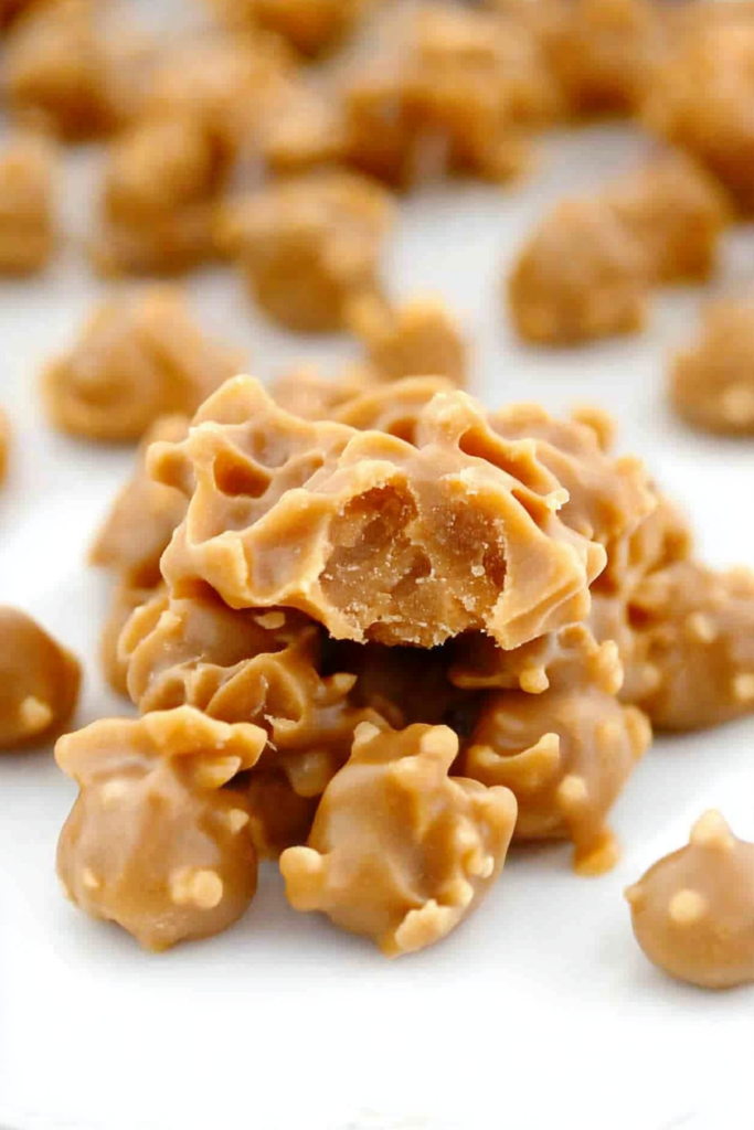 A batch of homemade candy bites arranged on parchment paper, showing their uneven, rustic shapes.