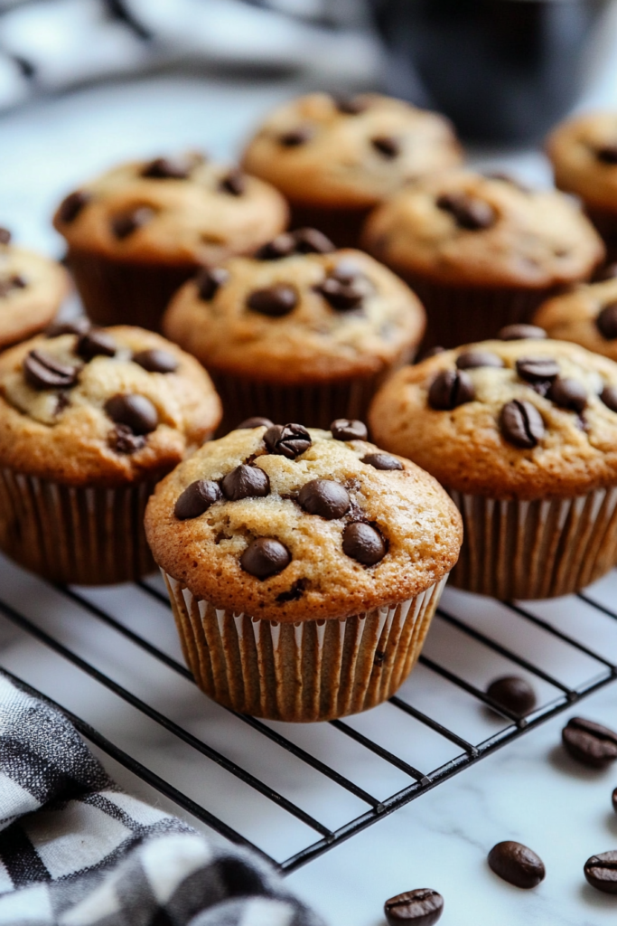 Freshly baked muffins cooling on a rack, topped with glossy chocolate chips and coffee beans.