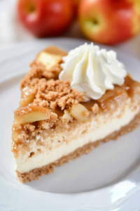 Close-up of apple-streusel cheesecake highlighting its layered textures.