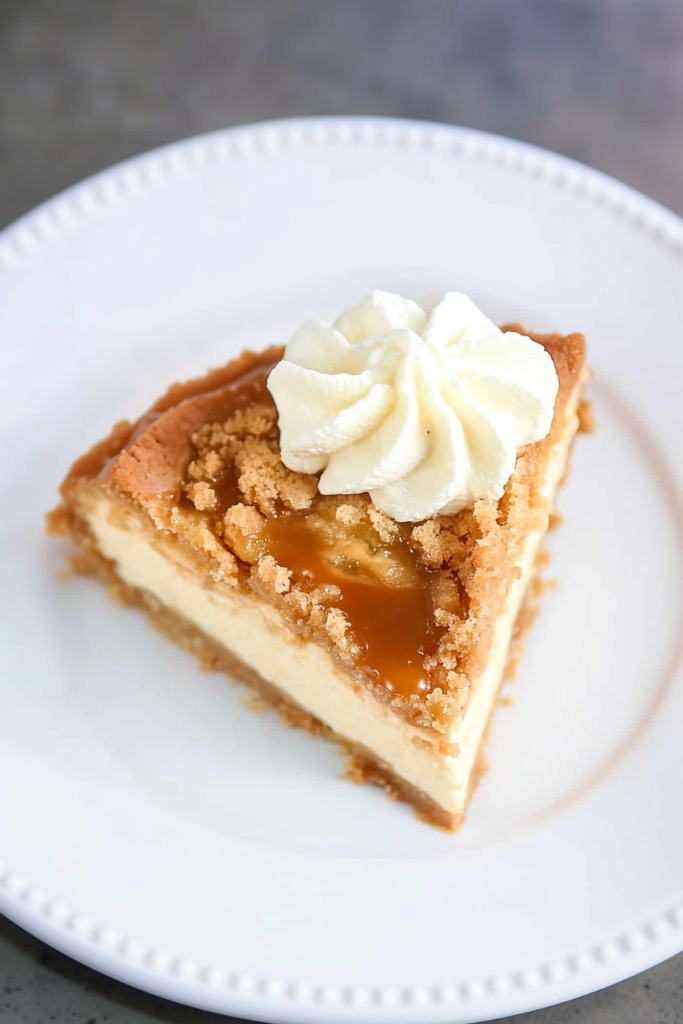 Rich cheesecake slice with golden crust and apple topping.