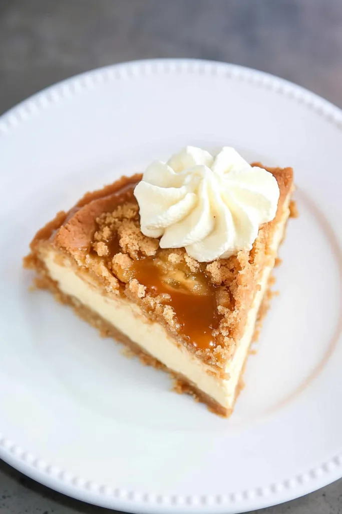 Rich cheesecake slice with golden crust and apple topping.