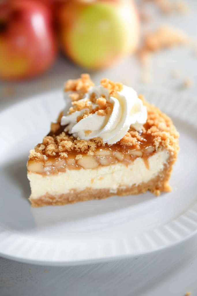 Slice of cheesecake topped with caramelized apples and crumble.