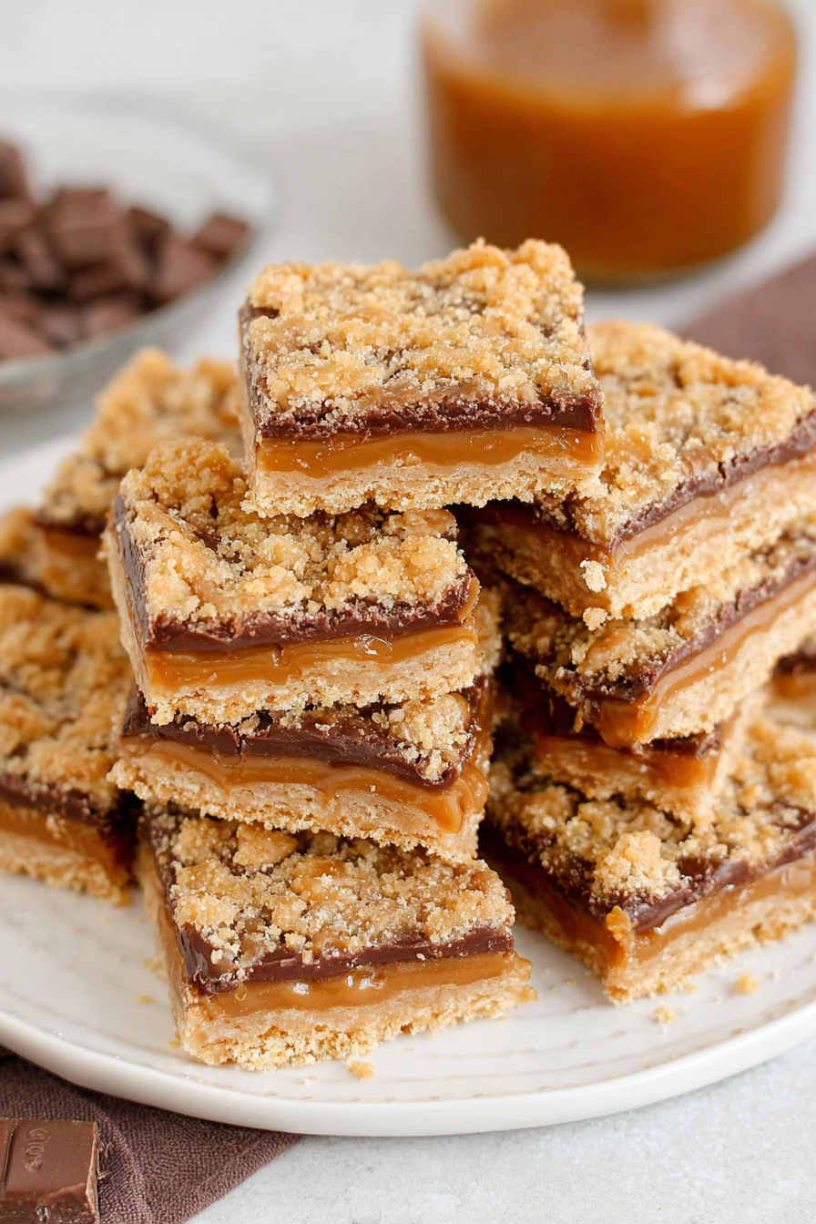 Stack of layered dessert bars with gooey caramel oozing between chocolate and cookie crust.