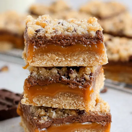 Three dessert bars stacked neatly, showing caramel dripping from the sides.